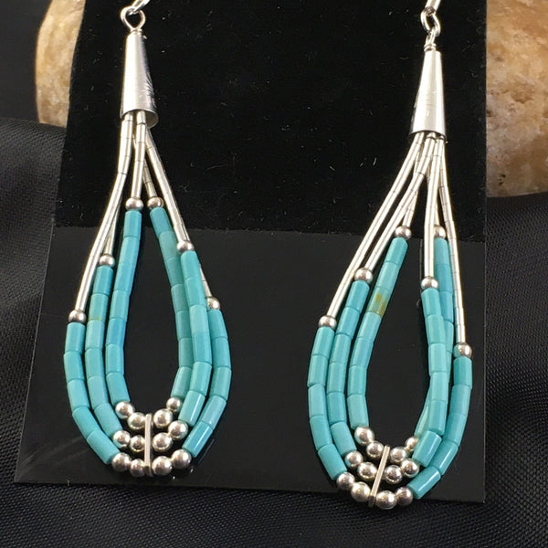 Blue Turquoise 3 Strands Heishi Liquid Dangle Earrings | Sterling Silver | Authentic Native American Handmade | 01969