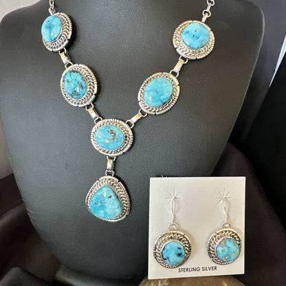 New Women Blue Kingman Turquoise Necklace Earrings Sterling Silver 19” 18620