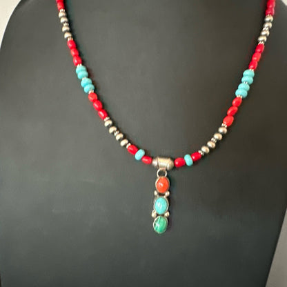 Multicolor Turquoise Coral Navajo Sterling Silver Cluster Pendant Necklace 19654