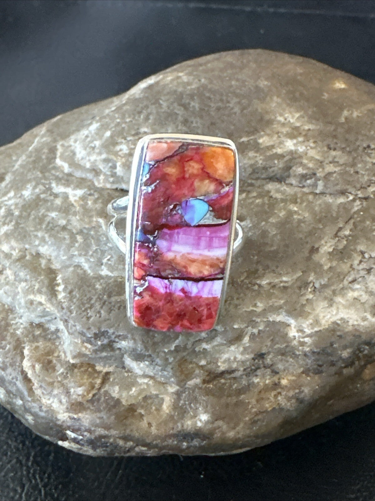 Blue Turquoise Spiny Oyster Southwestern Sterling Silver Ring Size 7 18488