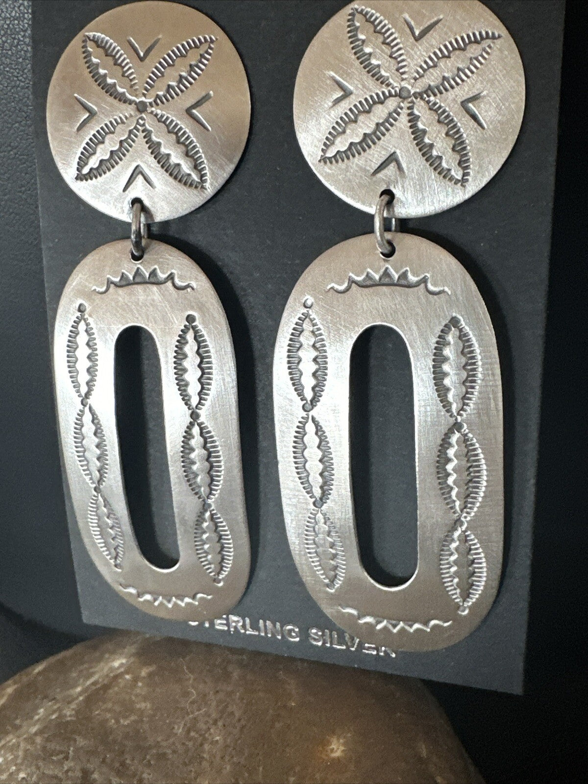 Popular Navajo Stamped Sterling Silver Stamped Handmade Earrings 2.75" 17857