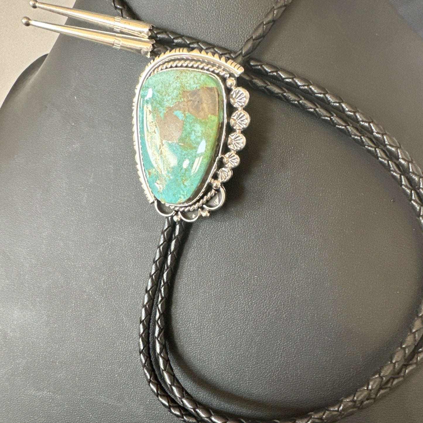 Native Mens Blue Green Royston Turquoise Bolo Tie Sterling Silver Navajo 19594