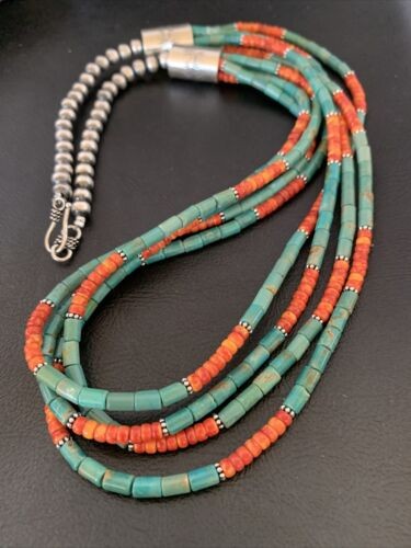 Navajo Green Royston Turquoise Spiny Necklace Sterling Silver 26" 10469