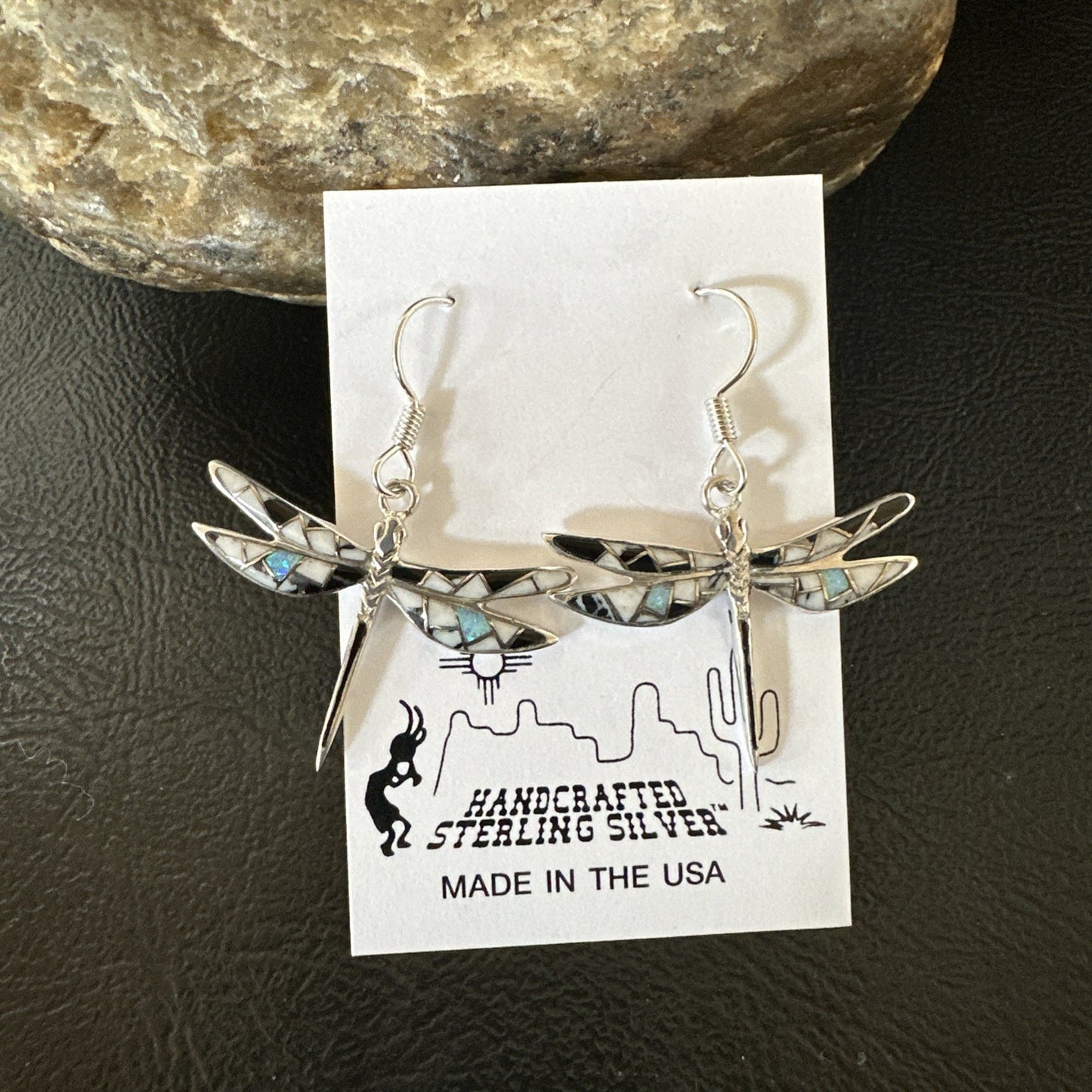 White Buffalo Turquoise Onyx Opal Navajo Sterling Silver Inlay Earrings 1" 18548