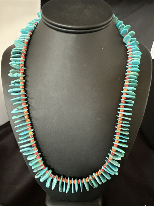 Blue Turquoise Red Spiny Oyster Navajo Pearls Necklace 21" | Sterling Silver | Authentic Native American Handmade | 19318