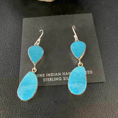 Kingman Turquoise Navajo Sterling Silver Dangle Earrings 1.5" 14105