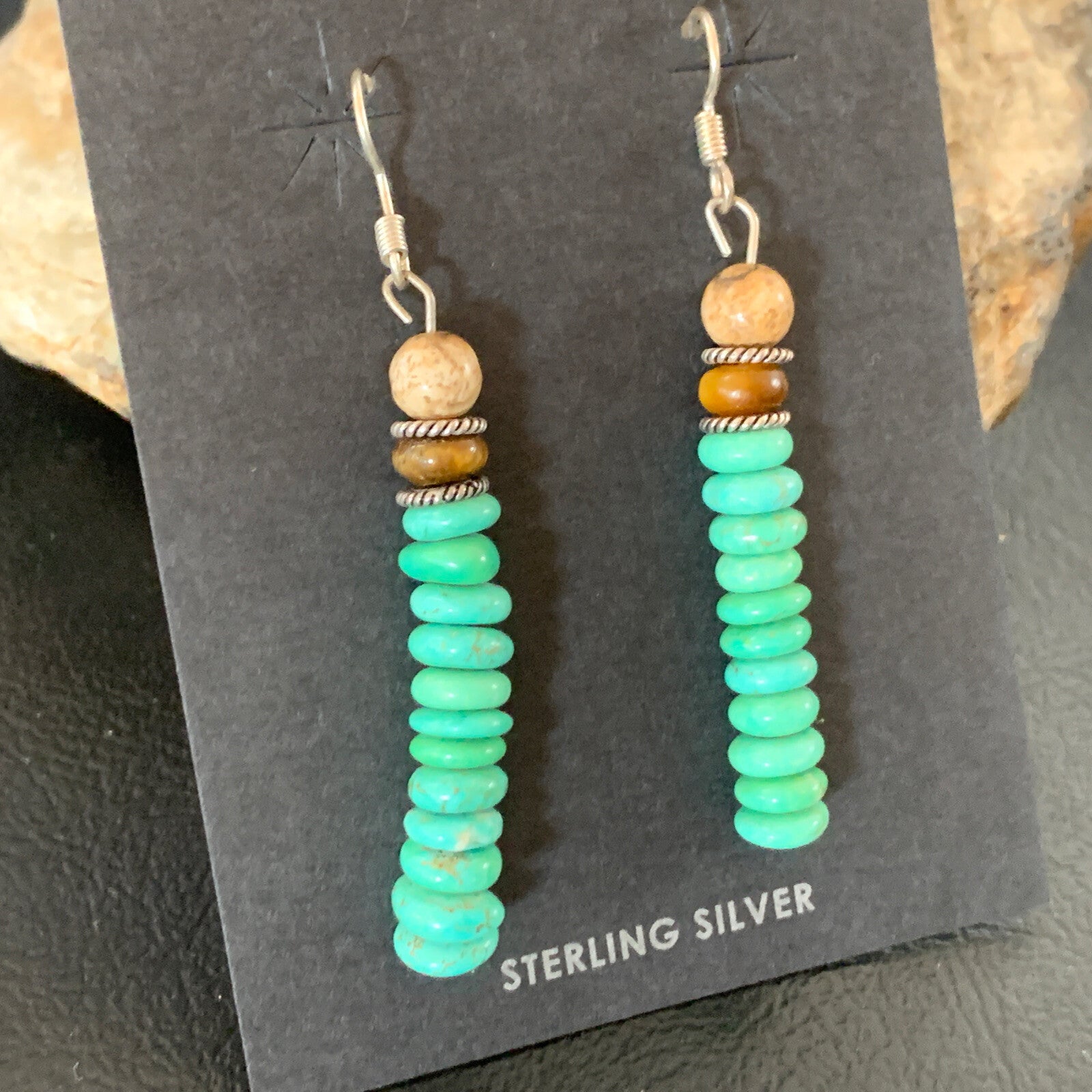 Green Turquoise & Picture Jasper Bead Navajo Sterling Silver Earrings 04080