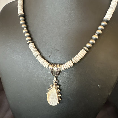 White Buffalo Turquoise Pendant Navajo Pearls Sterling Silver Necklace 22" 18261