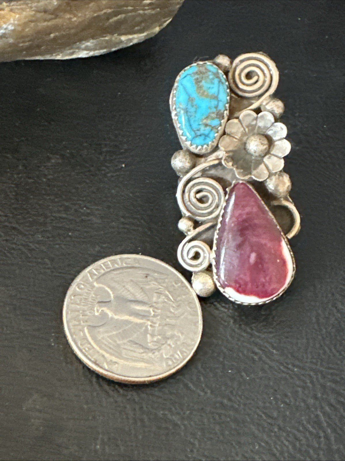 Cluster Kingman Turquoise Purple Spiny Navajo Sterling Silver Ring Sz 5.5 19105