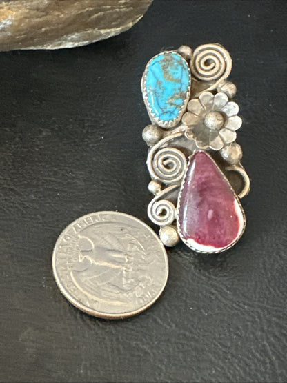Cluster Kingman Turquoise Purple Spiny Navajo Sterling Silver Ring Sz 5.5 19105