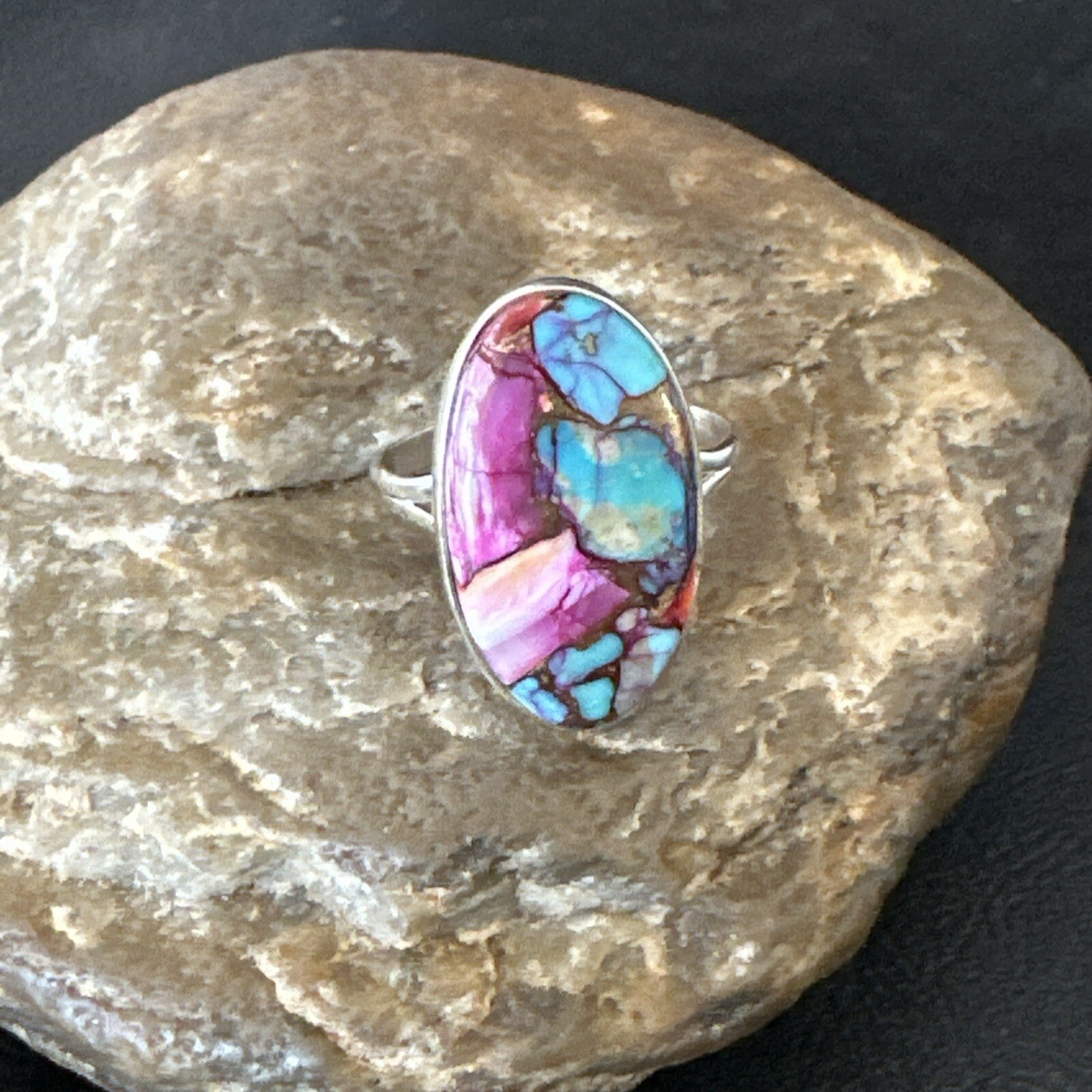 Blue Turquoise Spiny Oyster Southwestern Sterling Silver Ring Size 11 18456