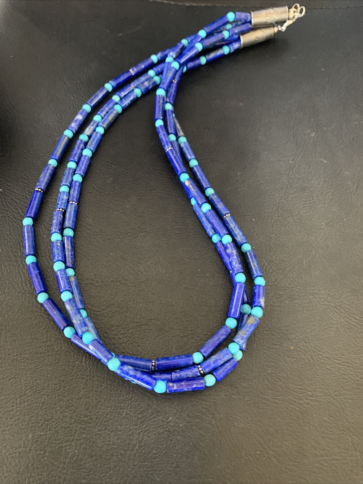 Lapis & Turquoise Tube Beads 3 Strands Navajo Sterling Silver Necklace 12701