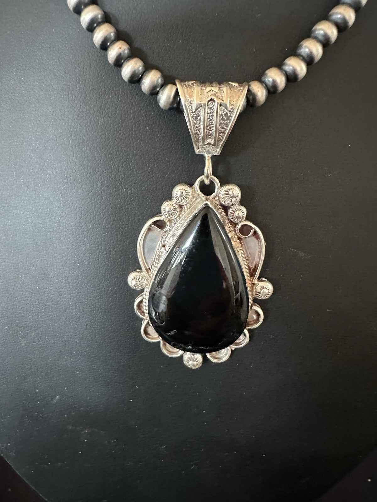 Black Onyx Pendant Navajo Pearls Sterling Silver Necklace 19384