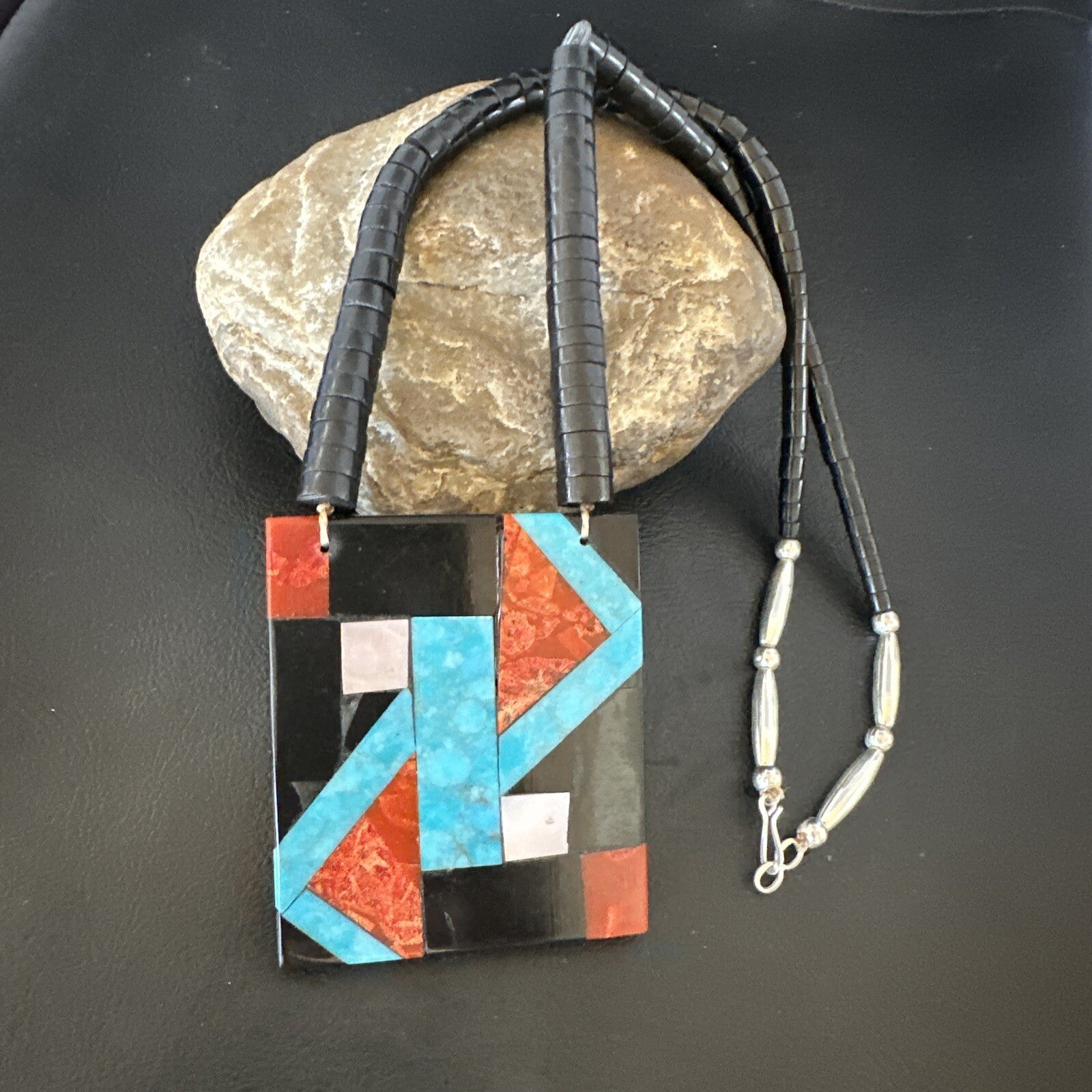 Blue Turquoise Black Onyx Santo Domingo Sterling Silver Necklace 21” 15666