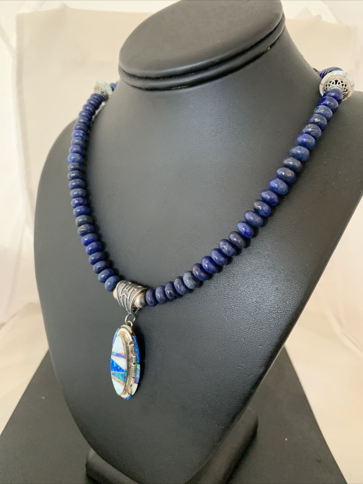 Navajo Sterling Silver Necklace Lapis Opal Pendant Native American 19491