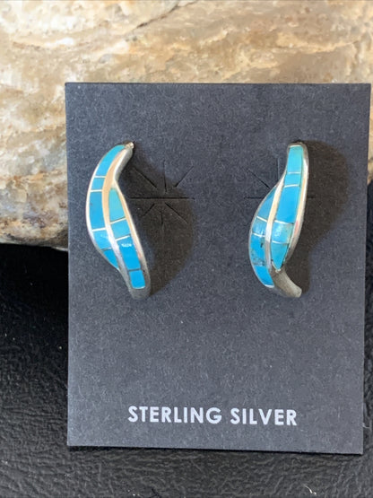 Blue Turquoise Southwestern Zuni Sterling Silver Inlay Hoop Earrings 0.75" 13022