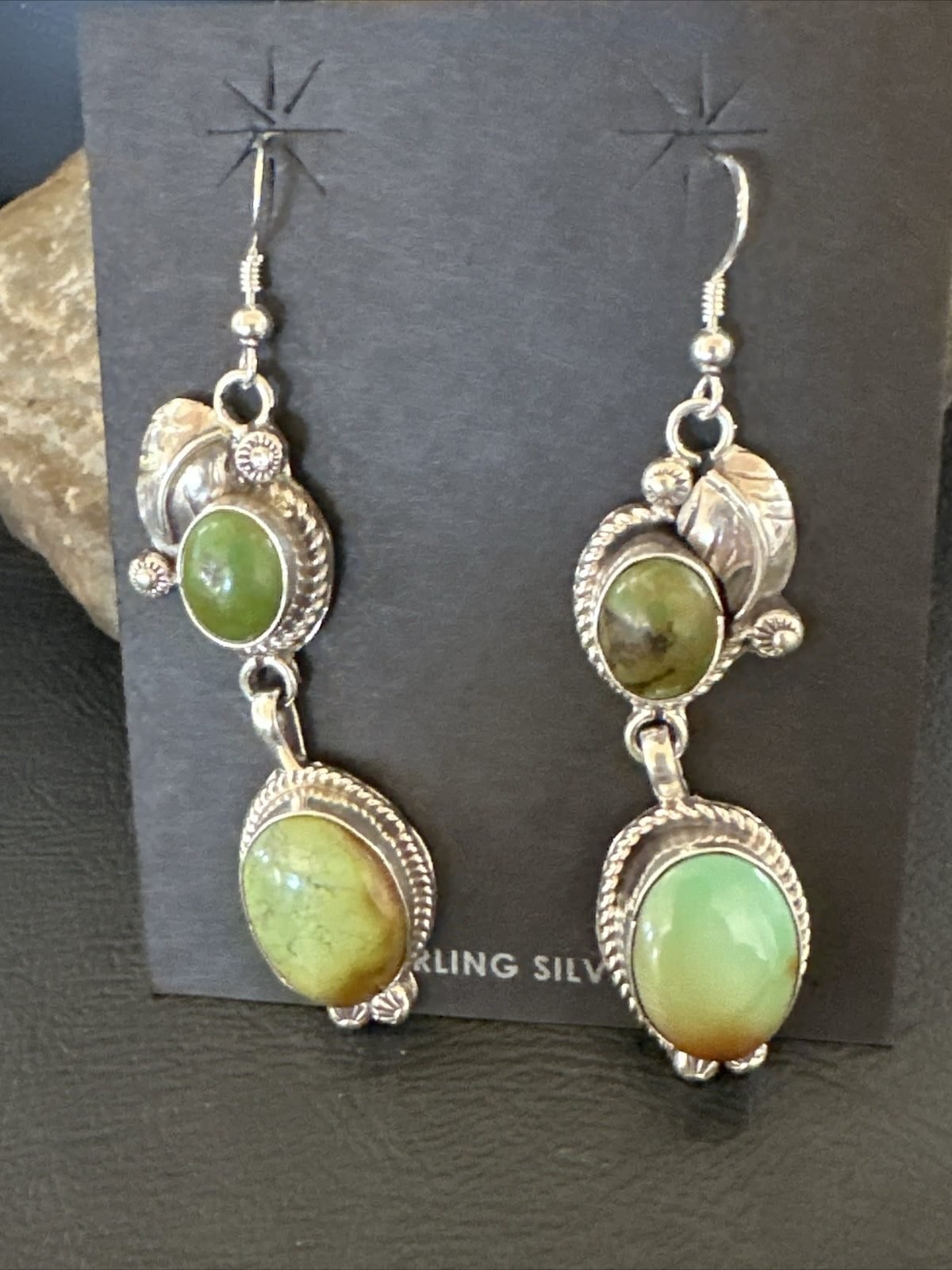Native Navajo Green Turquoise Sterling Silver Dangle Earrings 2” 17700