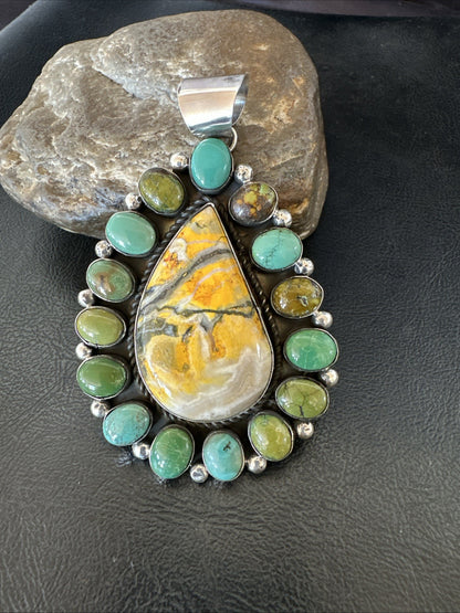 Navajo Bumblebee Jasper Green Turquoise Sterling Silver Necklace Pendant 19441