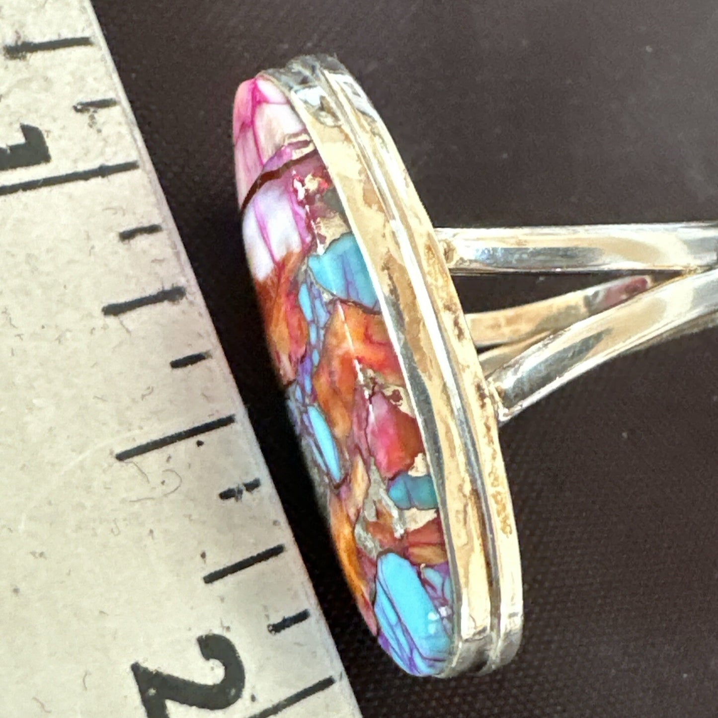 Blue Turquoise Orange Spiny Oyster Navajo Sterling Silver Ring Size 7 18212