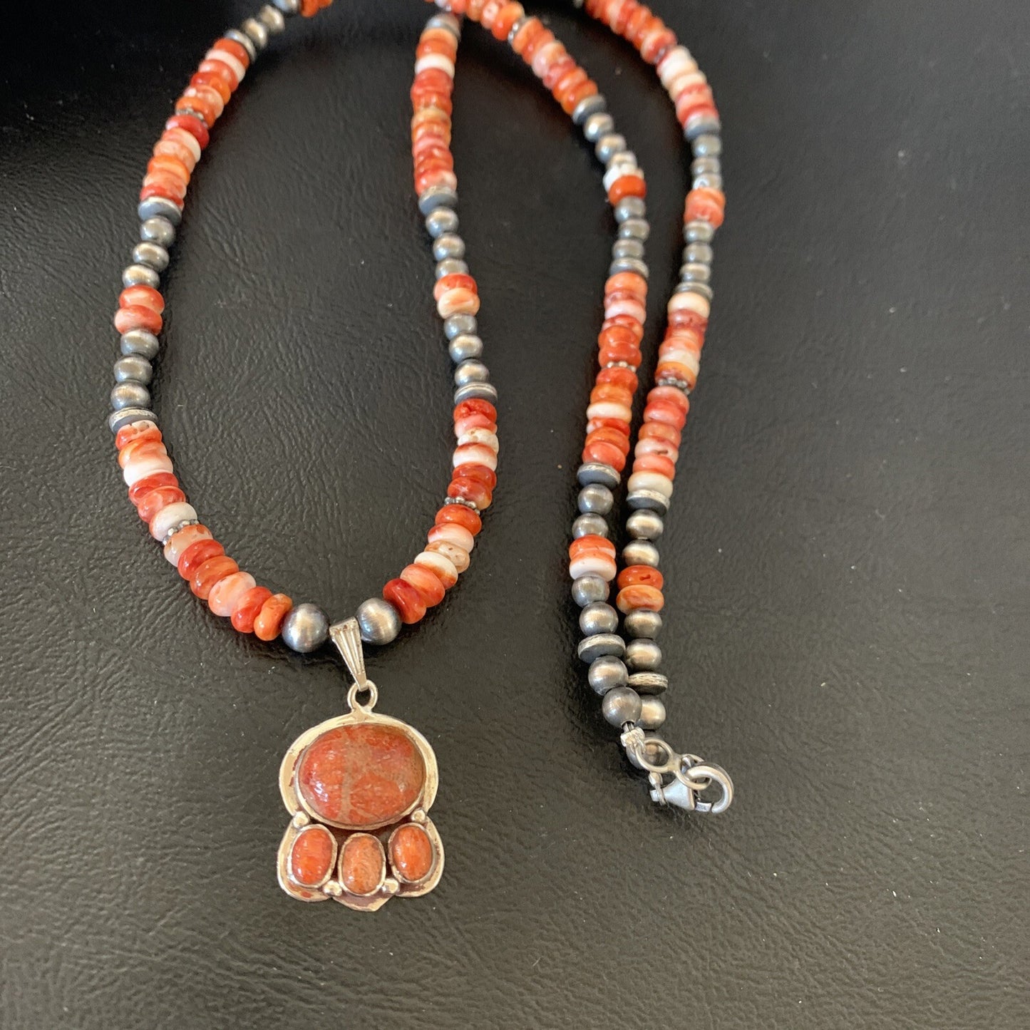 Apple Coral Pendant Spiny Oyster Navajo Pearls Sterling Silver Necklace 12389