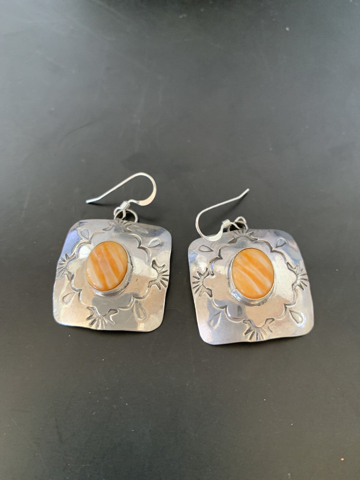 Gold Orange Spiny Oyster Navajo Sterling Silver Earrings 02076