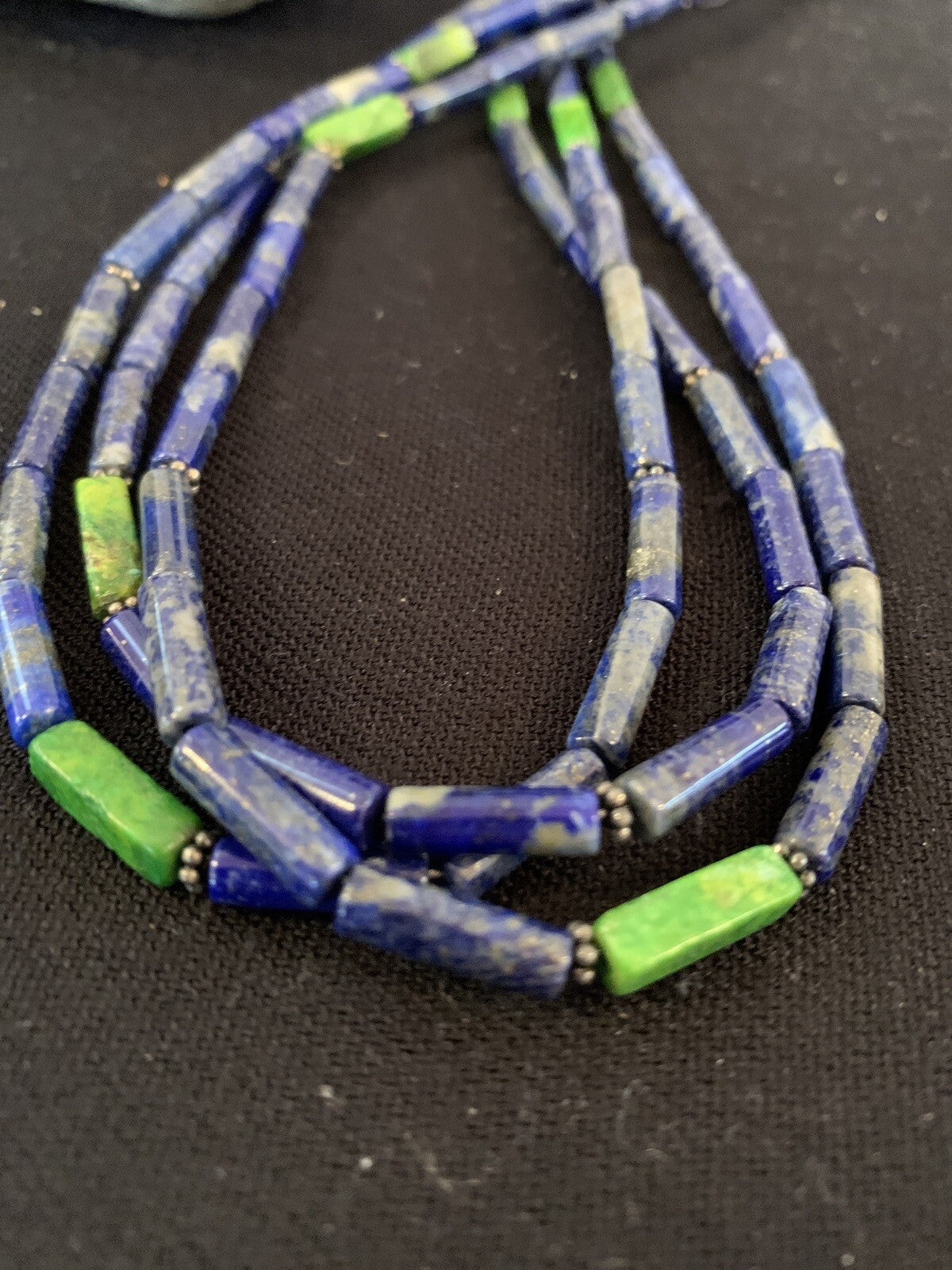 Mens Navajo Lapis Green Turquoise 3 Strands Sterling Silver 21" Necklace 8370