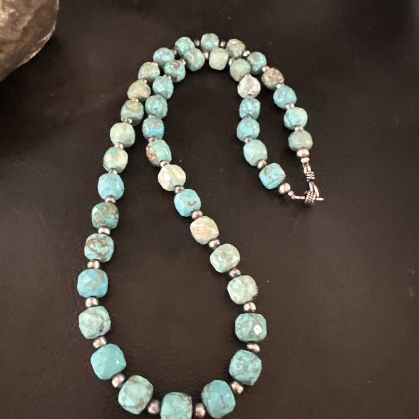 Faceted Blue Turquoise Navajo Sterling Silver Beads Necklace 21” 17727
