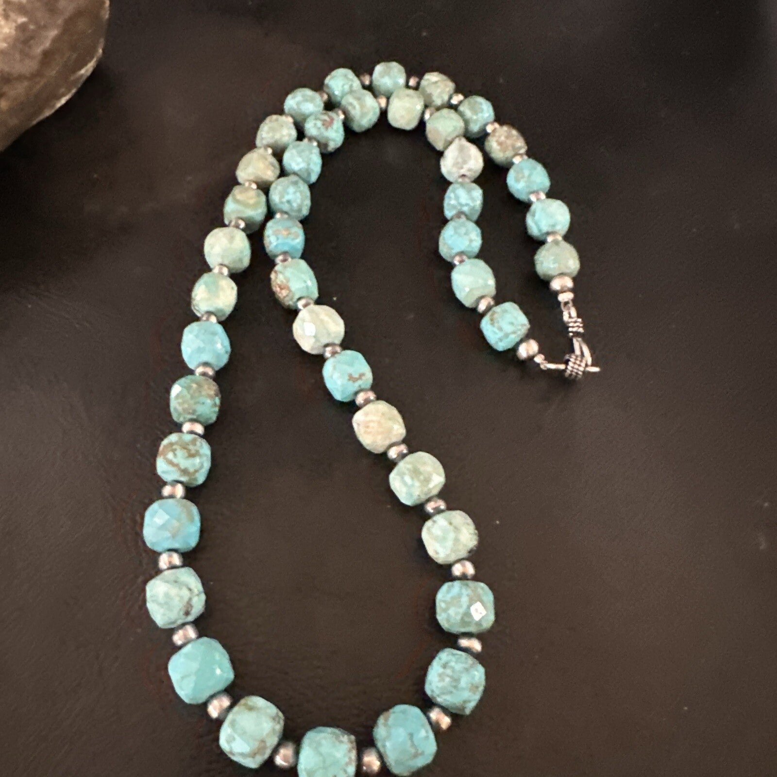 Faceted Blue Turquoise Navajo Sterling Silver Beads Necklace 21” 17727