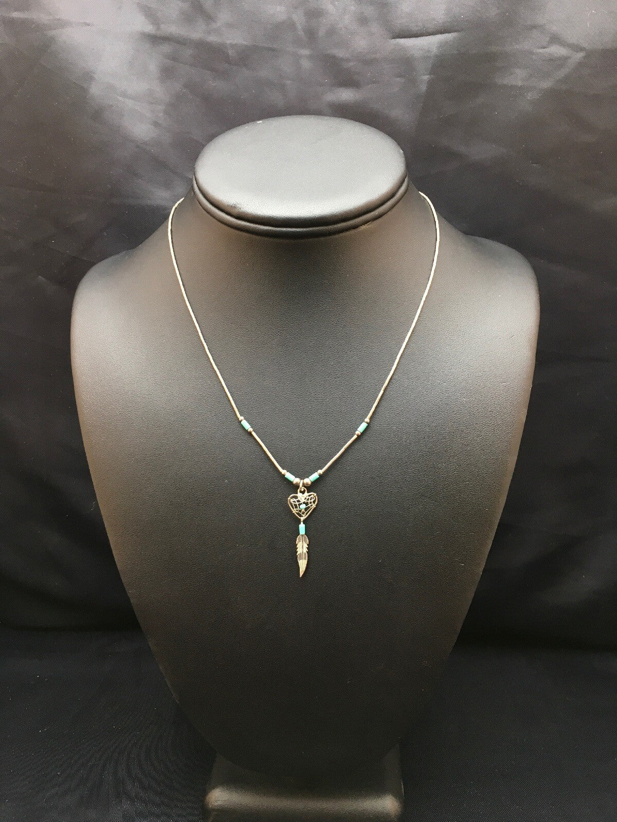 Native Turquoise Feather Pendant Navajo Sterling Silver Necklace 18059
