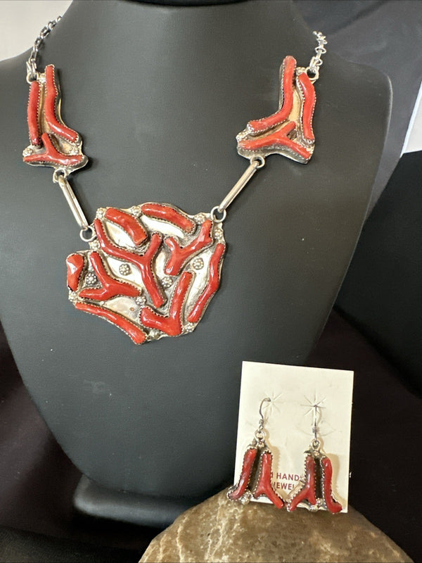 Branch Real Coral Zuni Inlay Necklace Earrings 21"Set | Sterling Silver | Authentic Native American Handmade | 19276