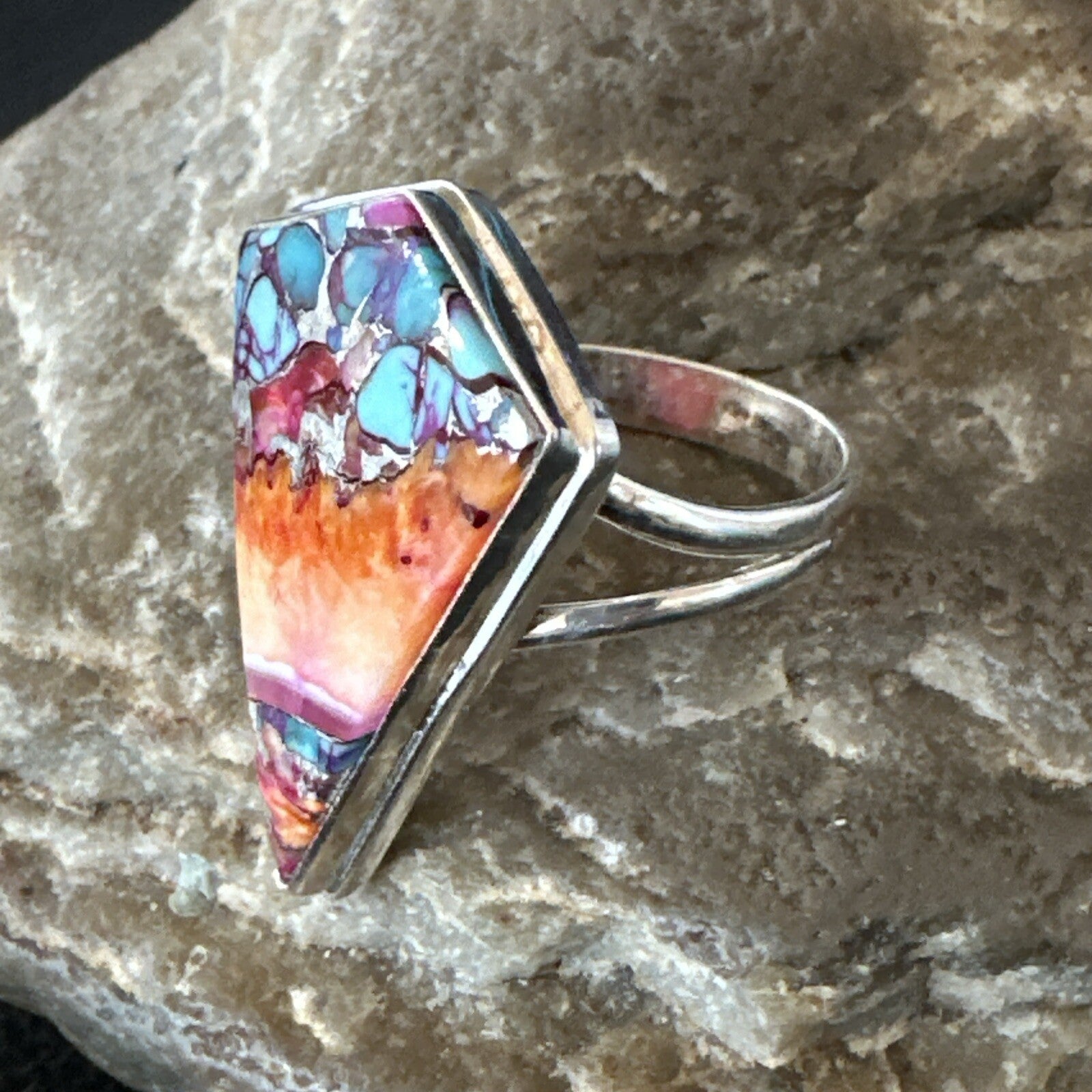 Blue Turquoise Spiny Oyster Southwestern Sterling Silver Ring Size 9 18463