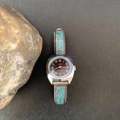 Blue Turquoise Chip Inlay Navajo Sterling Silver Old Pawn Watch Tips 1639