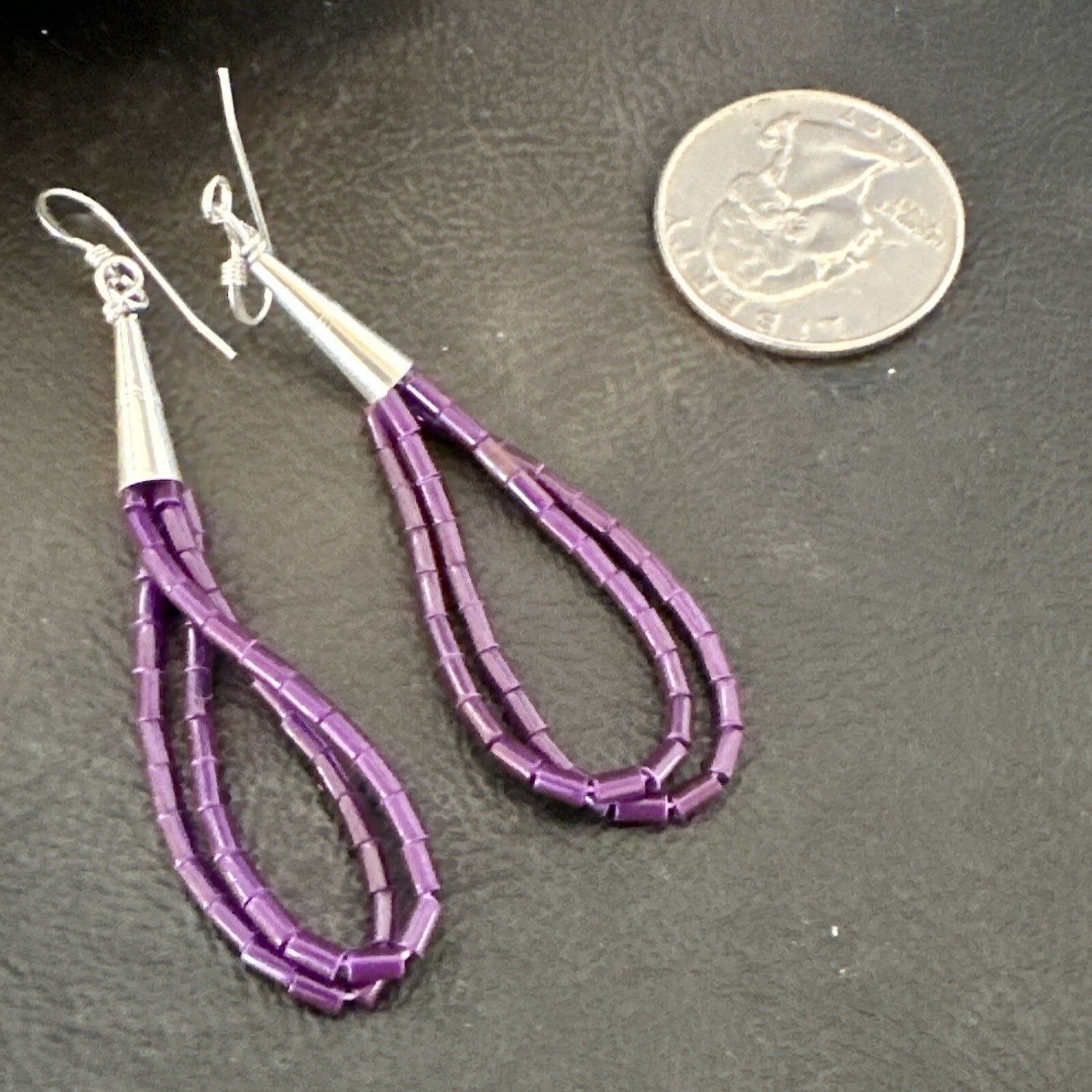 Purple Stone 2 Strands Heishi Sterling Silver Dangle Earrings 17929