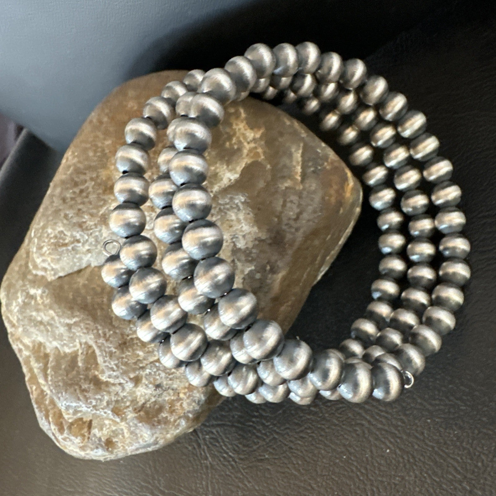Sterling Silver Navajo Pearls 6mm Beads Stainless Steel Wire Wrap Bracelet 19021