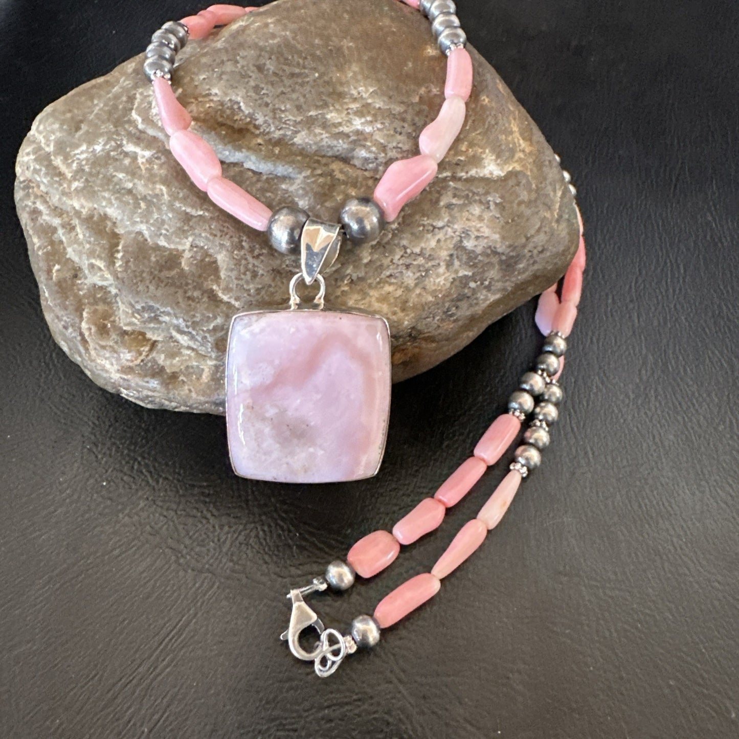 Southwestern Sterling Silver Pink Coral Bead Necklace Quartz Pendant 24" 19591