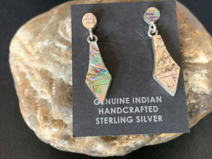 Native Pava Shell Minimalist Navajo Sterling Silver Inlay Earrings 1" 13071