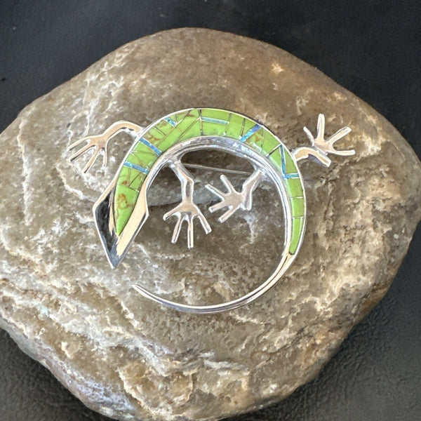 Green Gaspeite Opal Navajo Gecko Inlay Lizard Pin Pendant | Sterling Silver | Authentic Native American Handmade | 18598