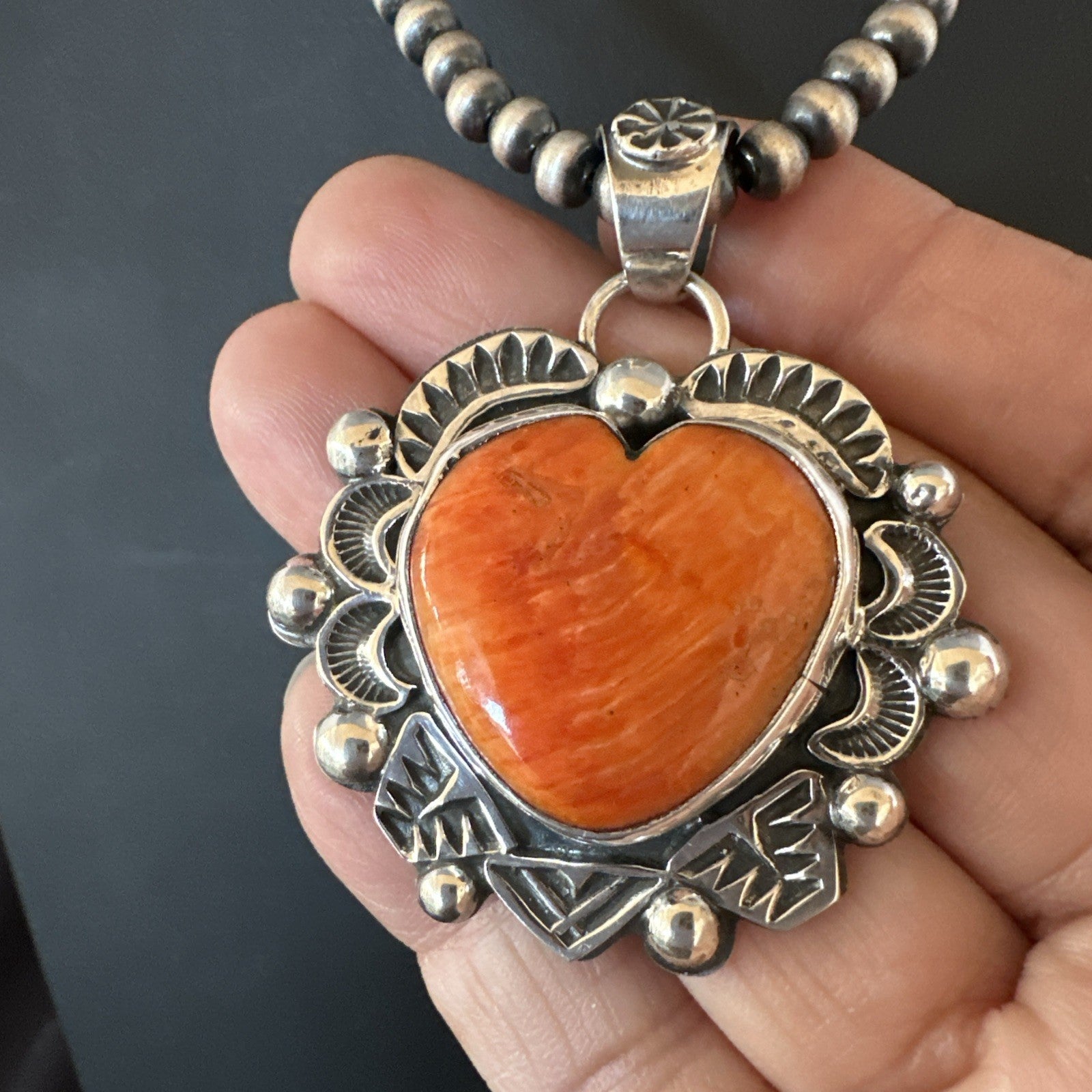 H Joe Orange Spiny Oyster Heart Pendant Navajo Sterling Silver Necklace 19486