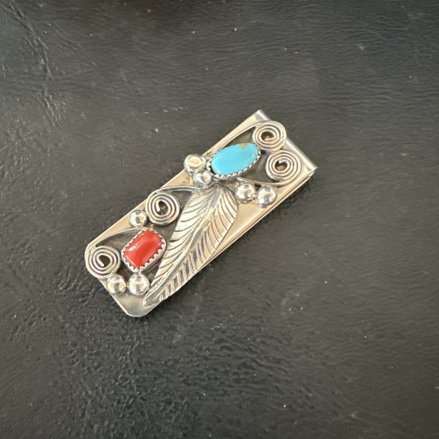 Mens Women Blue Turquoise Coral Navajo Stainless Stamped Silver Money Clip 19735
