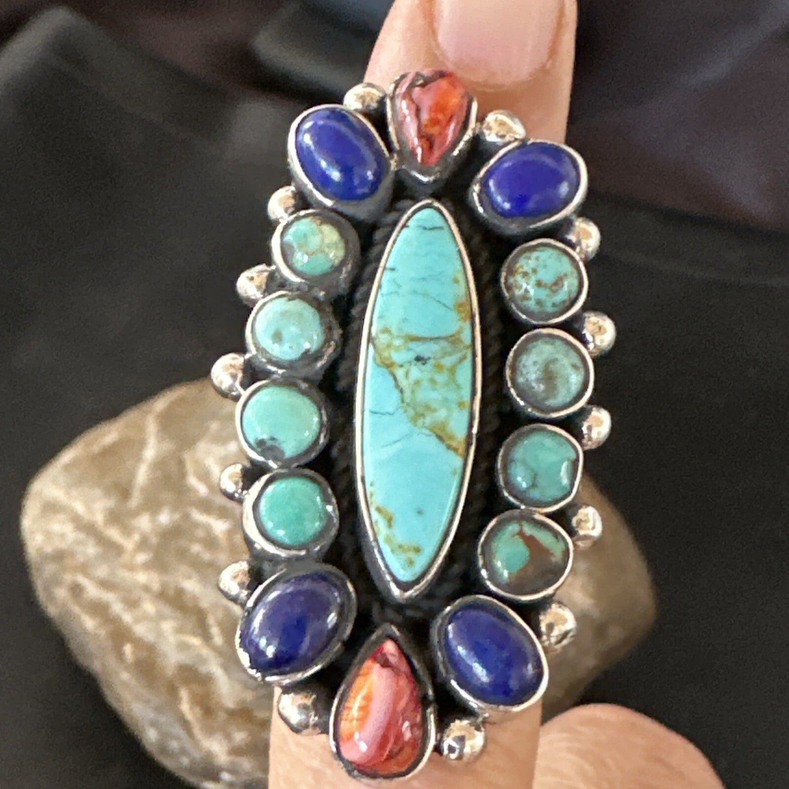 Cluster Blue Turquoise Spiny Oyster Lapis Sterling Silver Ring Size 6.5 18566