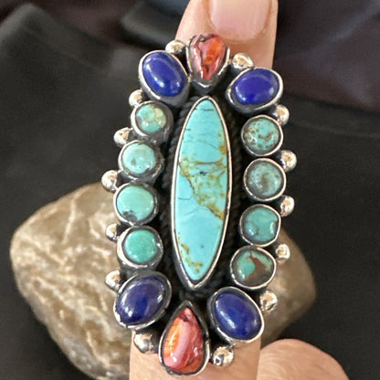Cluster Blue Turquoise Spiny Oyster Lapis Sterling Silver Ring Size 6.5 18566