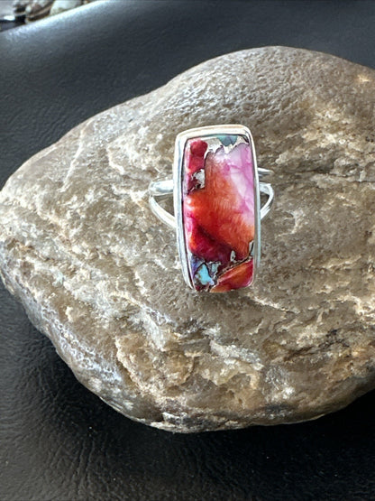 Blue Turquoise Spiny Oyster Southwestern Sterling Silver Ring Size 9 18465