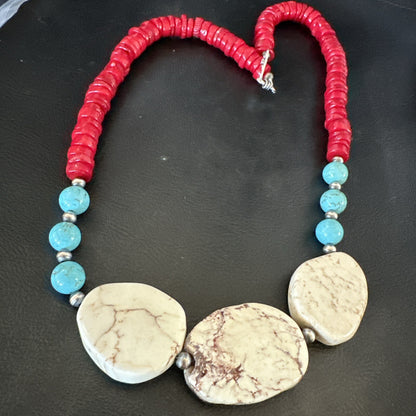 Mens Wild Horse Blue Turquoise Red Coral Navajo Sterling Silver Necklace 17980