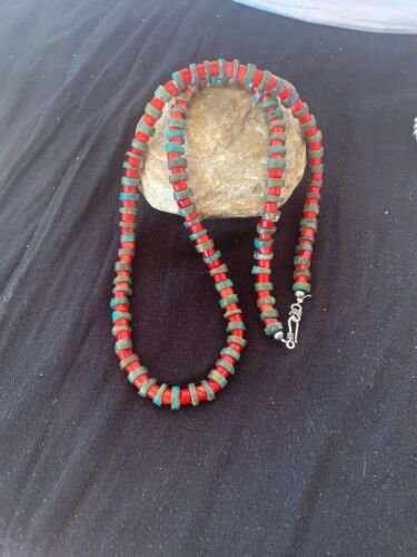 Turquoise & Coral Heishi Bead Navajo Sterling Silver Necklace 21” 04757