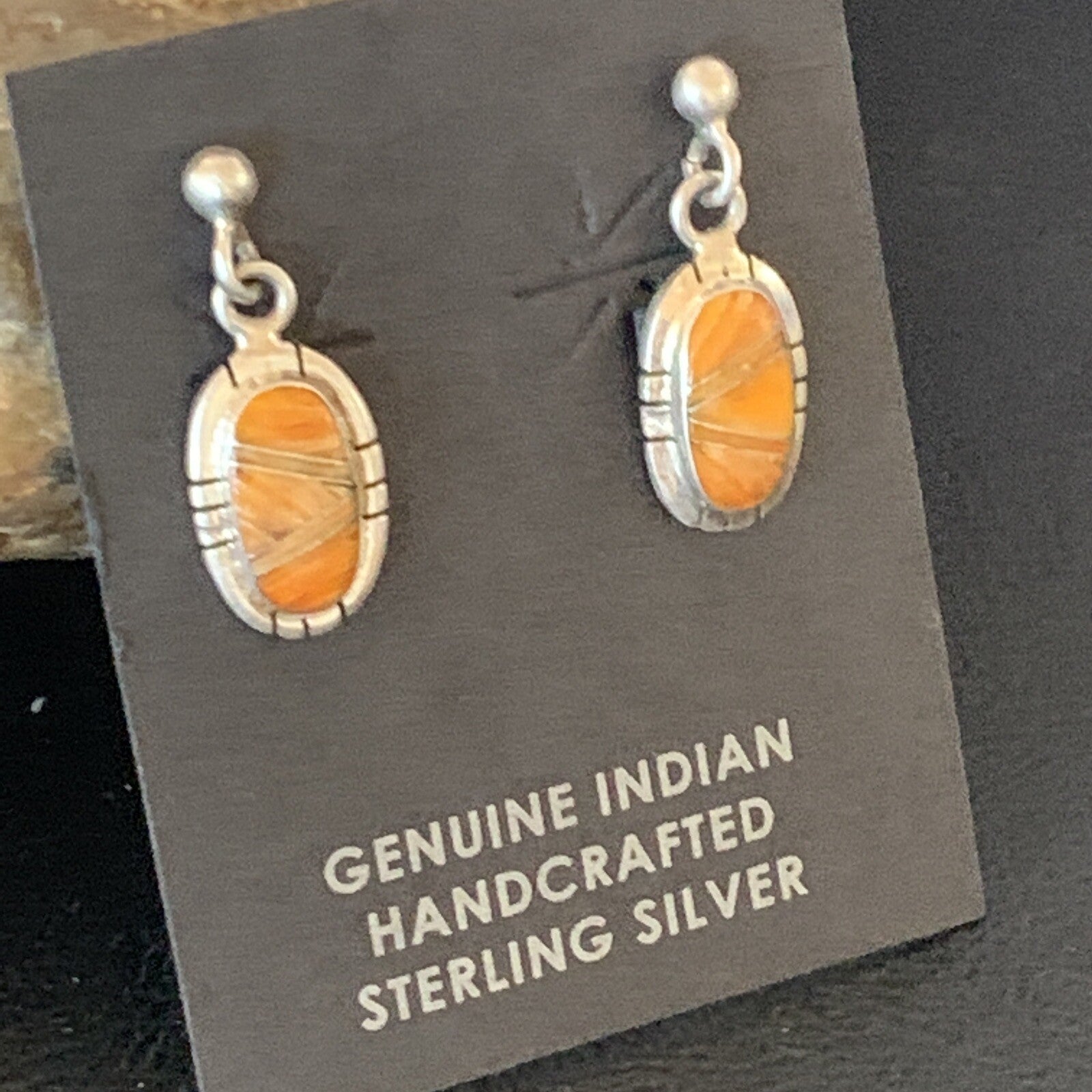Orange Spiny Oyster Navajo Sterling Silver Dangle Inlay Earrings 12680