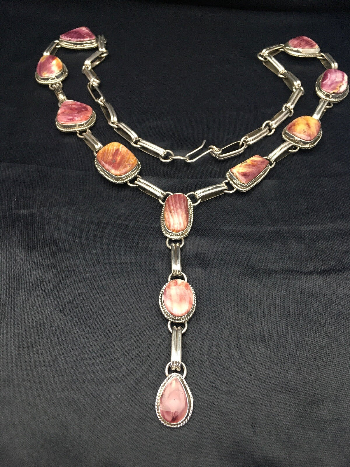 Native LARIAT Purple Spiny Oyster Necklace Navajo Sterling Silver 02793