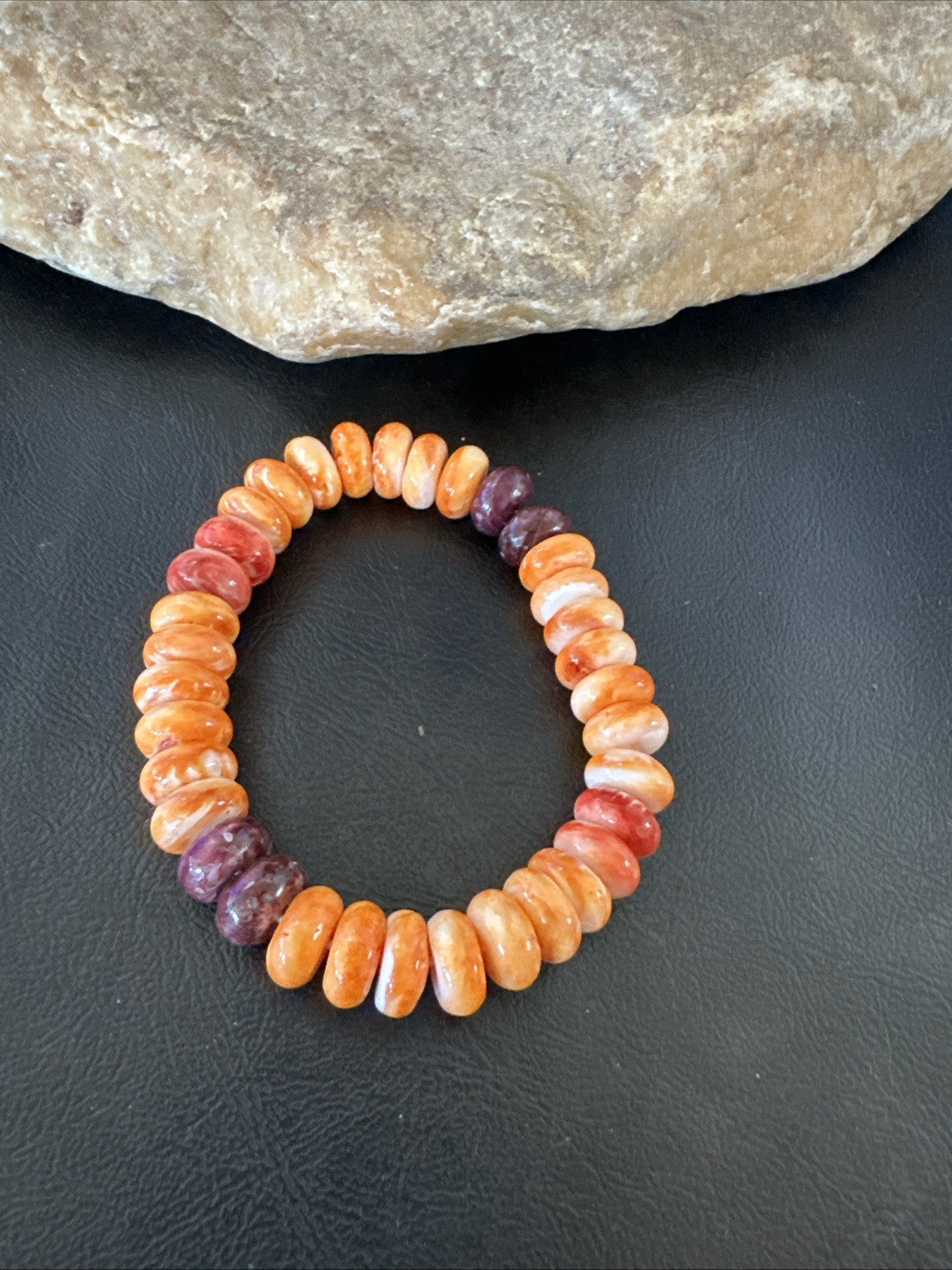 Orange Purple Spiny Oyster 12mm Bead Navajo Stretch Bracelet 19252