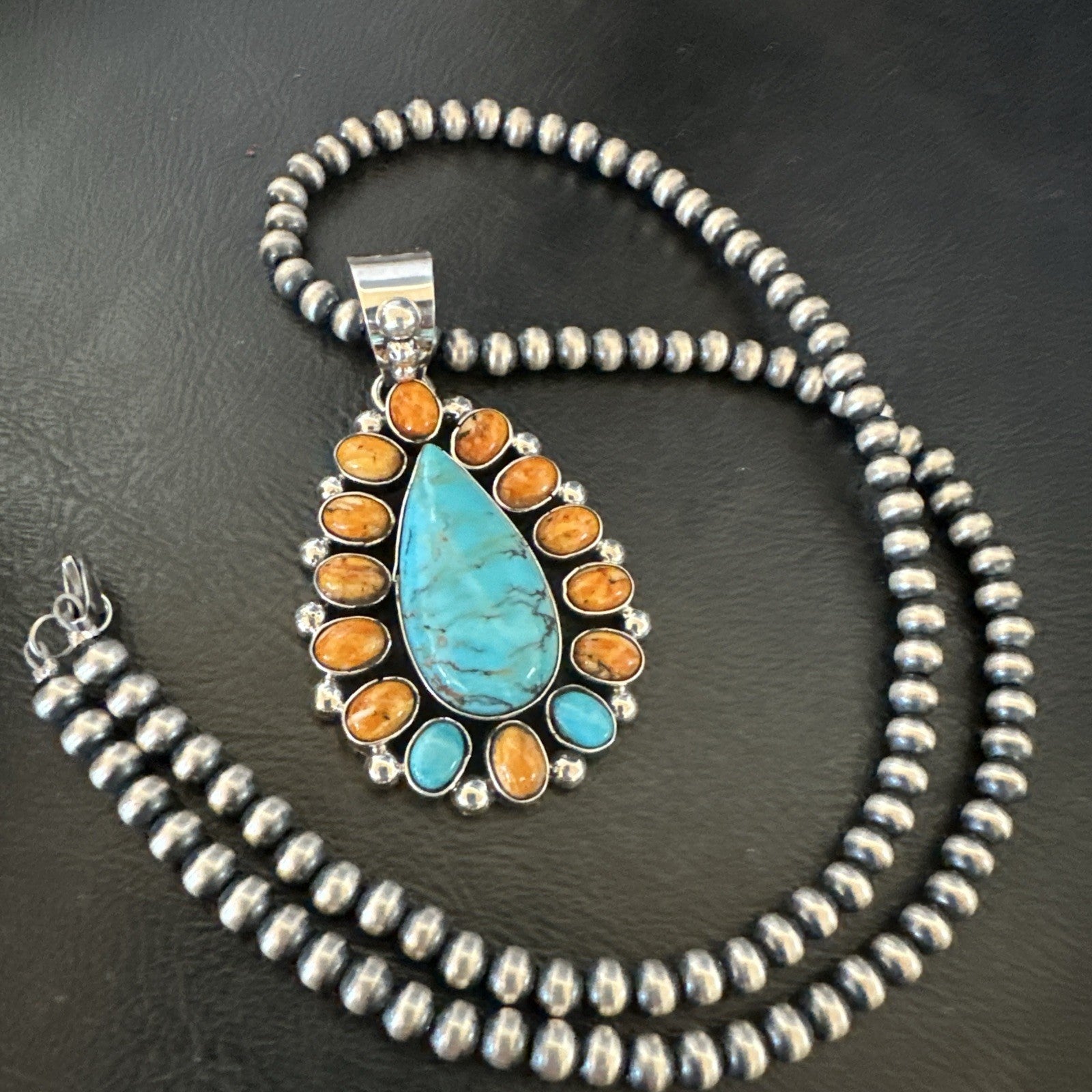 Multicolor Turquoise Spiny Navajo Sterling Silver Cluster Pendant Necklace 19559