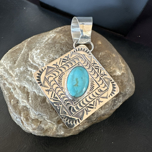 Men Women Blue Kingman Turquoise Pendant Navajo H Joe | Sterling Silver | Authentic Native American Handmade | 19520