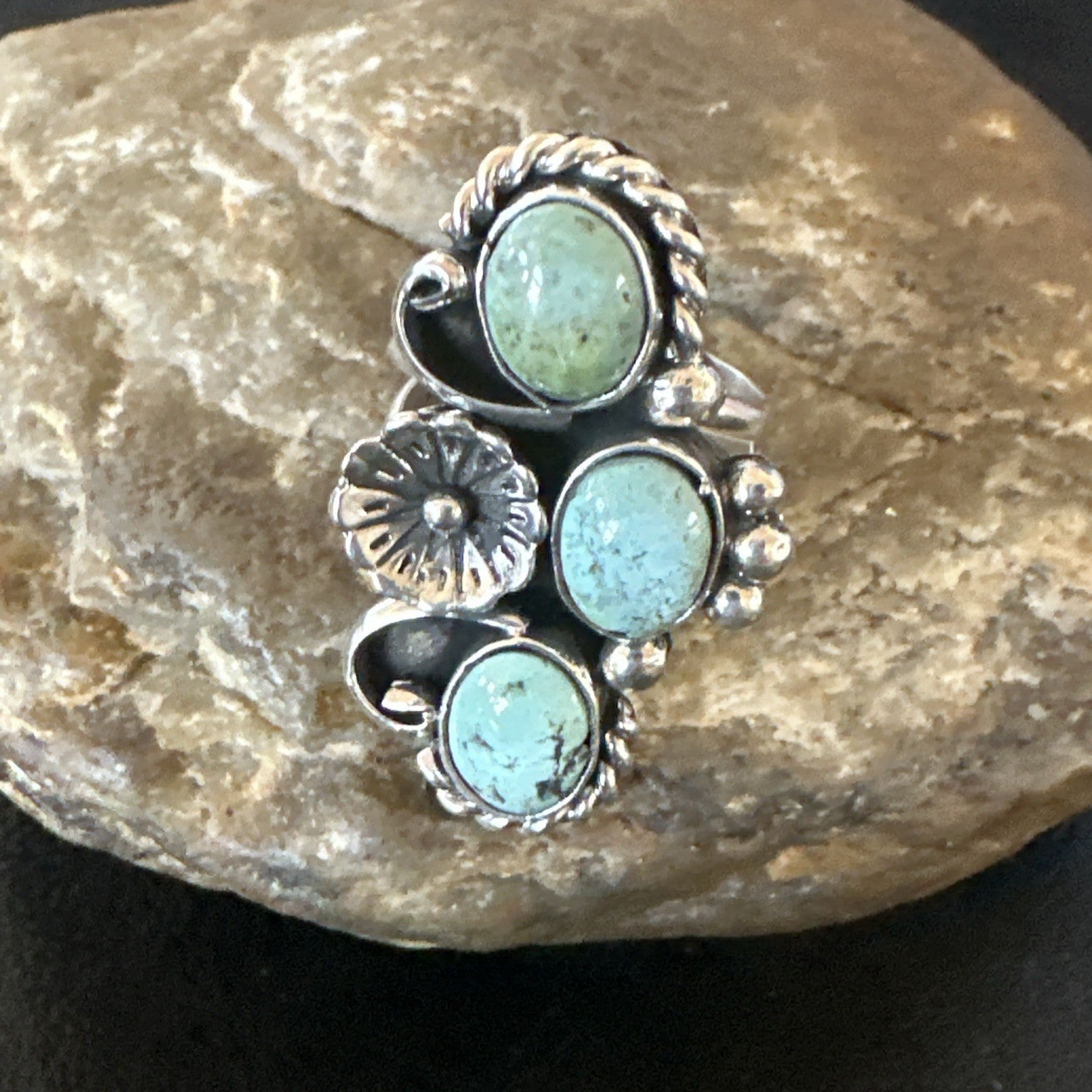 Blue Green Turquoise Navajo Sterling Silver Cluster Ring Size 8.5 19080